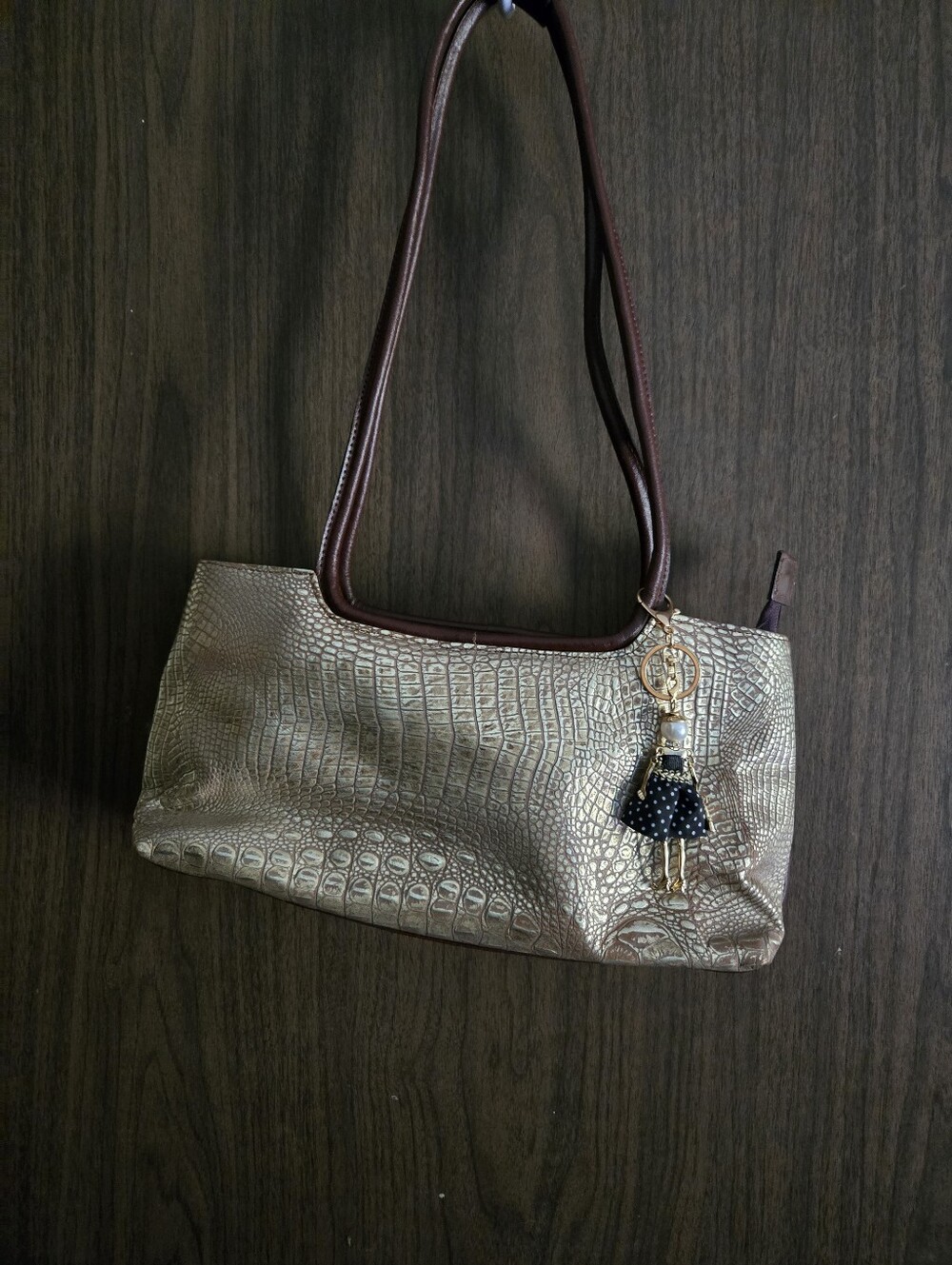 Vintage Feraud - Metallic Gold Croc-Embossed & Smooth Brown Leather Shoulder Bag